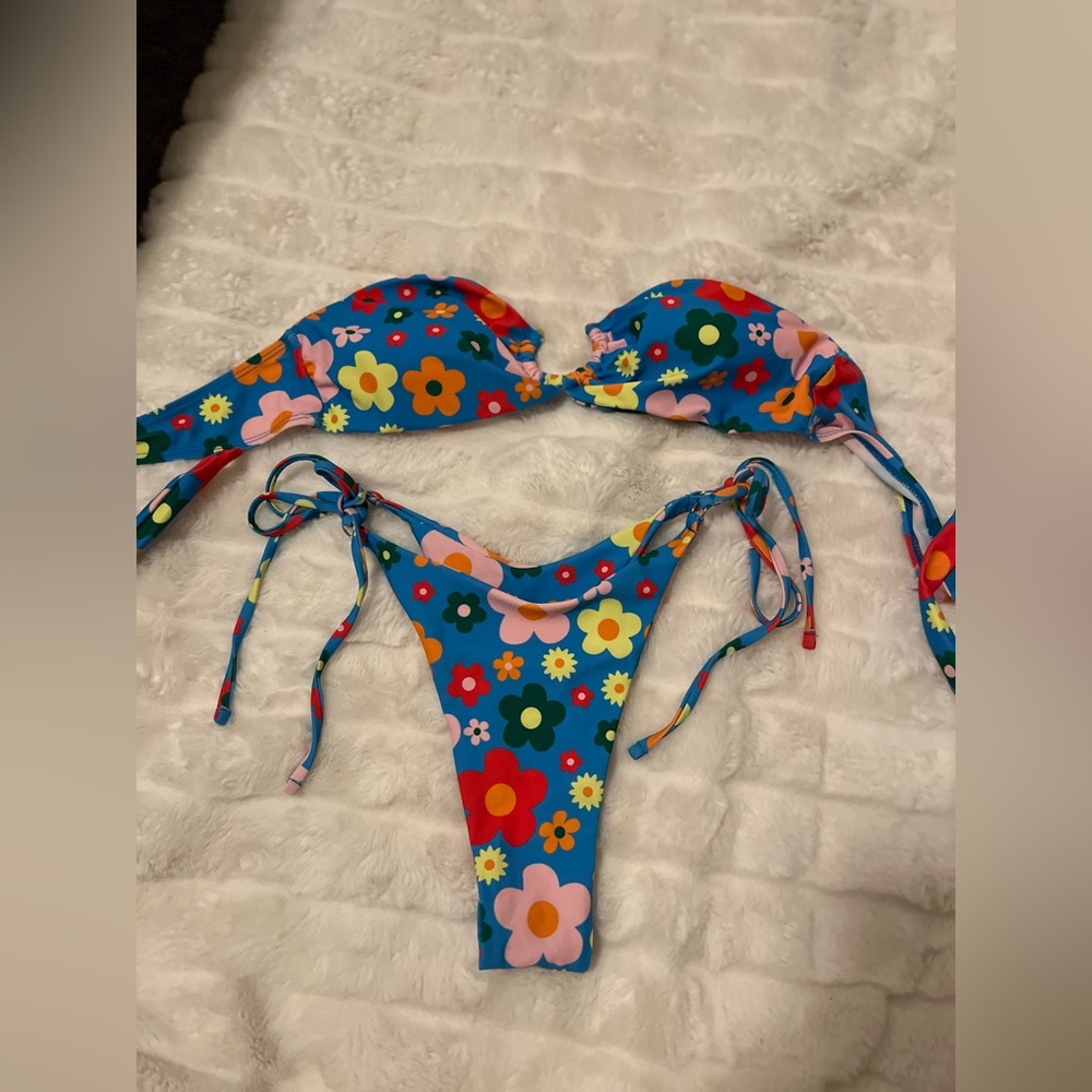 Floral Bandeau Bikini Tie side Bottoms Blue, pink, red , orange, yellow Small